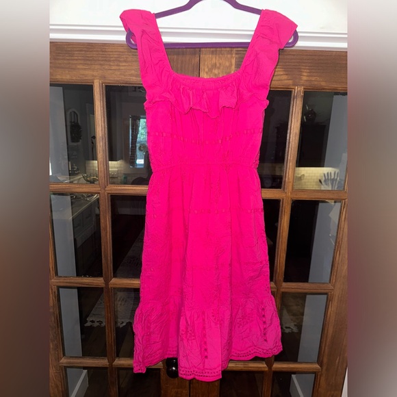 Loft Hot Pink Eyelet Ruffle Square Neck Midi Dress Size SP - Picture 7 of 13